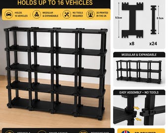 Modular Car Display Stand | Holds 16 Vehicles | 3D Printed Storage Rack | Expandable Display System