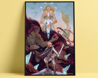 May include: A fantasy illustration featuring three figures. A woman in a white dress with a crown holds a sword. A man with red hair and a beard holds a red heart. A person with short hair and a sword stands in front of them.
