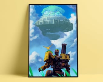 Peaceful Robot and Floating Castle Crossover Print | 11 x 17 inch Poster Print | Anime and Game Inspired