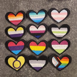 May include: A collection of twelve heart-shaped embroidered patches, each featuring distinct horizontal stripes in various color combinations, all outlined with a thick black border. The patches display diverse pride flag patterns, including solid colors, gradients, and symbols.