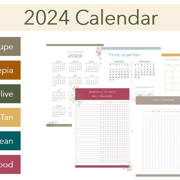 Kalender 2024, Agenda mit Jahresansicht, Vierteljahresansicht, Monatsansicht. Jährliche Tracker für monatliche To-Do's und Habit Tracker.