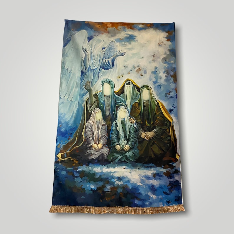 May include: A painting depicting a group of five figures with veiled faces, standing on clouds. The figures are surrounded by a blue and white sky, with a single angel with outstretched wings in the upper left corner. The painting is done in a realistic style, with a focus on detail and emotion.