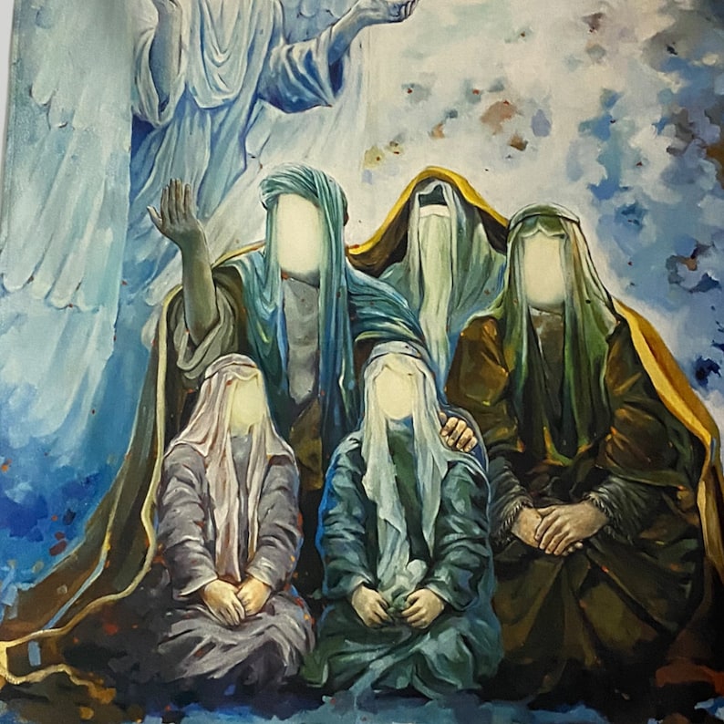 May include: A painting depicting five figures in white and blue robes, with one figure appearing to be an angel. The figures are standing in a cloudy sky, with the angel's wings spread out behind them.