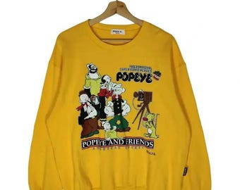 Sudadera vintage de los 90 de Popeye y Olive x Plus C, color amarillo, talla L.