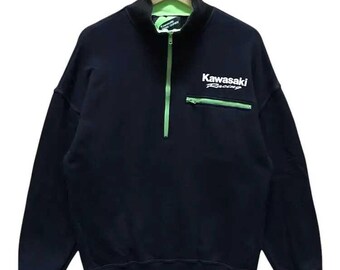 Felpa vintage Kawasaki Racing con mezza zip, colore nero, taglia L