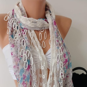 Chiffon and Lace Scarf Pink Blue Floral Scarf Handmade Scarf Lace Scarf Unique Scarf Christmas Gift Scarf