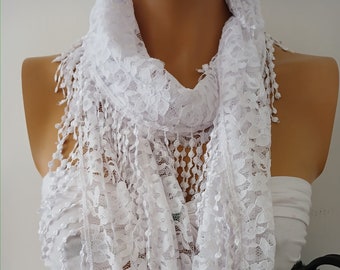 White Lace Scarf  Venice Lace Scarf  Gift for Her Scarf for Women  Handmade Scarf Unique Scarf