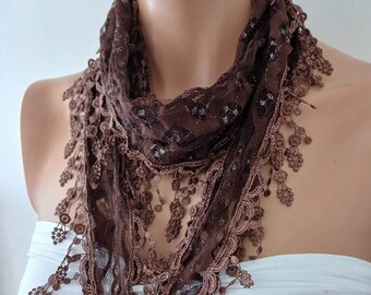 Brown  Lace Scarf  Pretty Scarf Venice Lace Scarf Handmade Scarf Scarves Gift For Her Silver Glitter Small Scarf