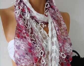 Chiffon and Lace  Scarf  Pink Floral Scarf  Handmade Scarf Lace Scarf Unique Scarf  Christmas Gift Scarf