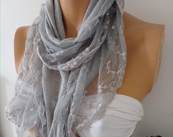 Gray Lace Scarf Venice Lace Scarf Gift for Her Scarf for Women Christmas Gift Birthday Gift Scarf Unique