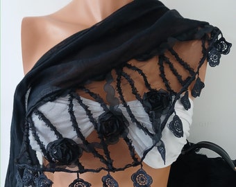 Tulle Black Lace Scarf Tulle and Roses Black lace Scarf  Fashion Scarf