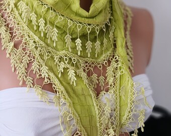 Pistachio Green Scarf Cotton Lace Scarf Pretty Scarf Venice Lace Scarf Handmade Scarf Scarves Gift For Her Small Scarf Christmas Gift Scarf