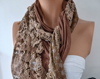 Caramel Lace and Tulle Scarf Venice Lace  Scarf  Gift for Her  Scarf for Women  Lace wrap Lace Scarves  Christmas Lace Scarf