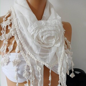 Pearl White Scarf, Vintage Style Accessories, Soft Cotton Scarf, Unique Roses Scarf