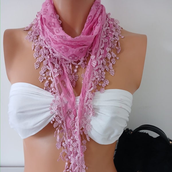 Pink Lace Scarf  Pretty Scarf  Venice Lace Scarf  Handmade Scarf Scarves Gift For Her Silver Glitter Small Scarf