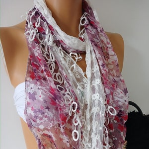 Chiffon and Lace Scarf Pink Floral Scarf Handmade Scarf Lace Scarf Unique Scarf Christmas Gift Scarf image 1