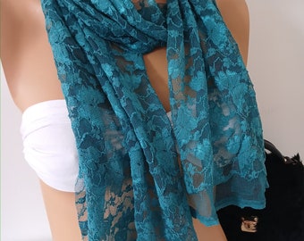 Gift for Mother's Day Turquoise Green Lace Scarf Venice Lace Scarf Gift for Her Scarf for Women