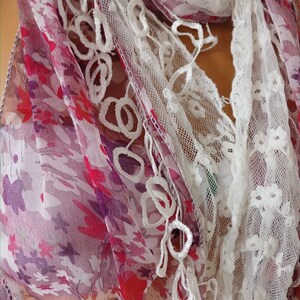 Chiffon and Lace Scarf Pink Floral Scarf Handmade Scarf Lace Scarf Unique Scarf Christmas Gift Scarf image 4