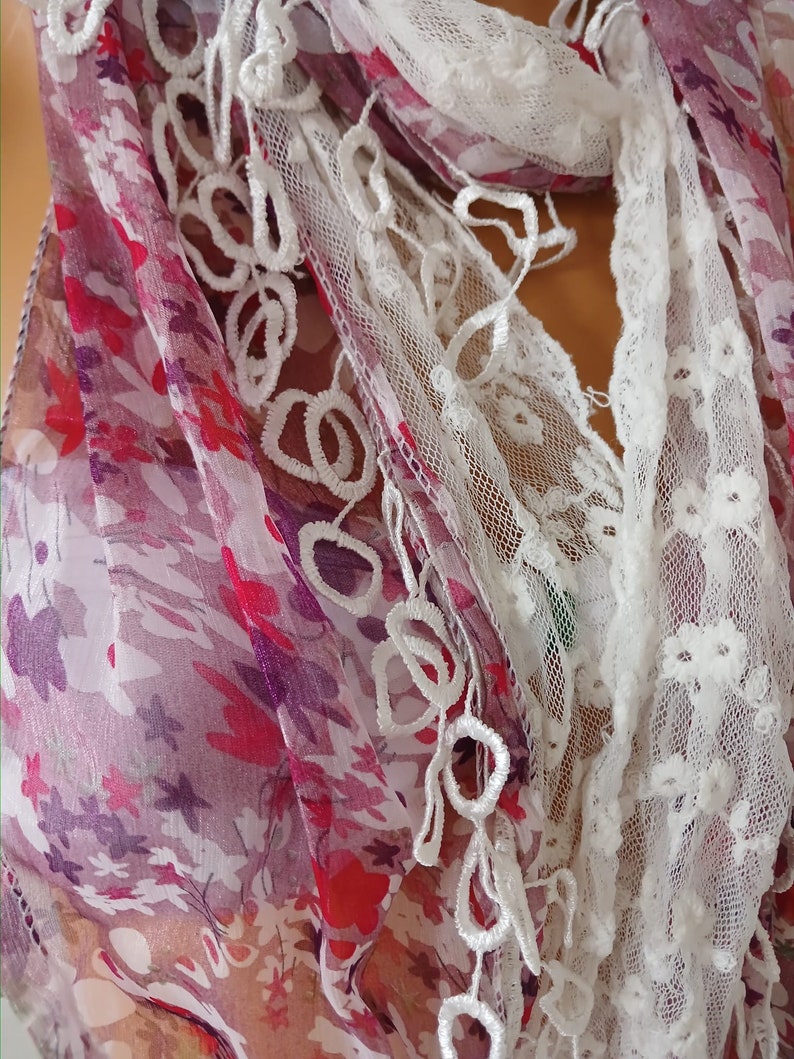 Chiffon and Lace Scarf Pink Floral Scarf Handmade Scarf Lace Scarf Unique Scarf Christmas Gift Scarf image 4