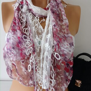 Chiffon and Lace Scarf Pink Floral Scarf Handmade Scarf Lace Scarf Unique Scarf Christmas Gift Scarf image 3