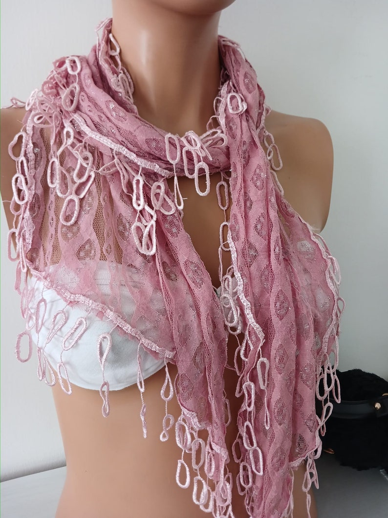 Mother's Day Gift Mom Gift Soft Pink Lace Scarf Unique Scarf Silver Glitter Scarves Gift zdjęcie 3