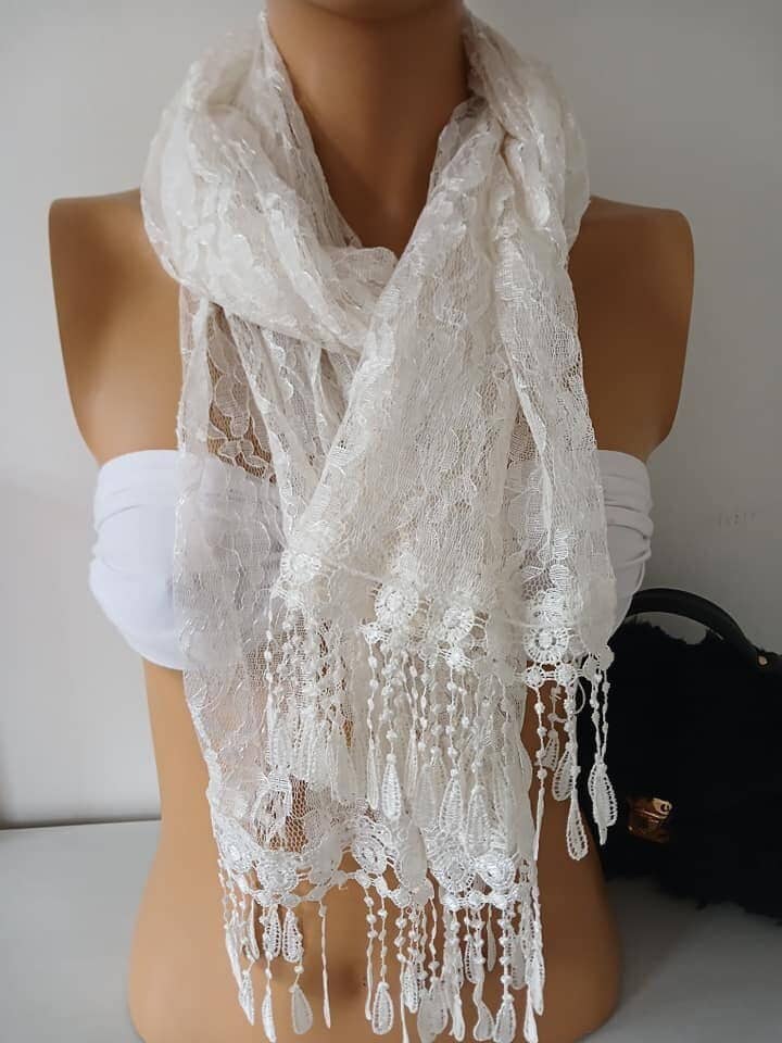 Pearl White Lace Scarf Venice Lace Scarf Gift for Her Scarf for