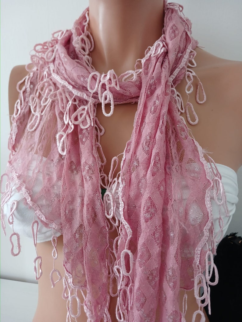 Mother's Day Gift Mom Gift Soft Pink Lace Scarf Unique Scarf Silver Glitter Scarves Gift zdjęcie 4