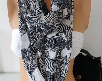 Chiffon Black White Circle Scarf Animal Scarf Zebra Scarf Infinity Scarf