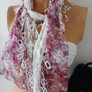 Chiffon and Lace Scarf Pink Floral Scarf Handmade Scarf Lace Scarf Unique Scarf Christmas Gift Scarf image 2