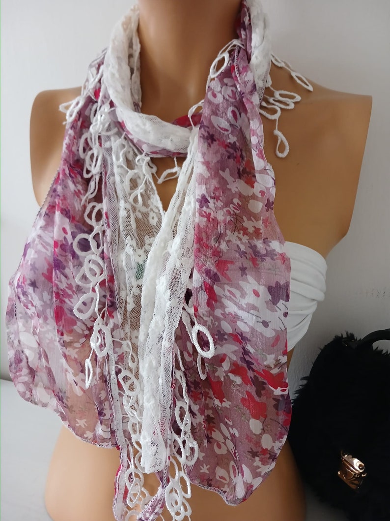Chiffon and Lace Scarf Pink Floral Scarf Handmade Scarf Lace Scarf Unique Scarf Christmas Gift Scarf image 2