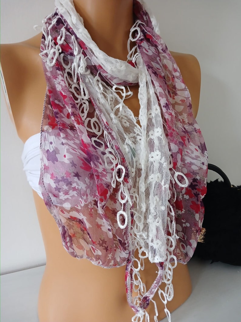 Chiffon and Lace Scarf Pink Floral Scarf Handmade Scarf Lace Scarf Unique Scarf Christmas Gift Scarf image 1