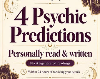 May include: A square graphic featuring the text Tarot Readings by Sara, 4 Psychic Predictions, Personally read & written, No AI-generated readings, and Within 24 hours of receiving your details. The design includes crescent moons and tarot cards.
