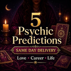 May include: A dark purple scene featuring a lit candle in a gold holder, tarot cards, and gold text that reads 5 Psychic Predictions, SAME DAY DELIVERY, Love, Career, Life. The cards display intricate gold star and celestial patterns on purple.