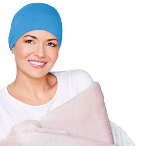 Masumi Cotton Cozy Sleep Cap for Women, Chemo Headwear Cancer Hat, Hats for Cancer Patients, Soft Chemo Cap, Turbans, Alopecia Hair Loss Blue
