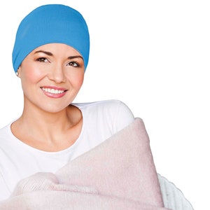 Masumi Berretto da notte accogliente in cotone per donna, Copricapo chemio Cappello per cancro, Cappelli per pazienti affetti da cancro, Berretto chemio morbido, Turbanti, Perdita di capelli alopecia Blu