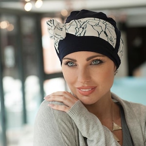 Navy Bamboo Chemo Hat Scarf: Versatile Turban Headwear for Hair Loss-Yanna