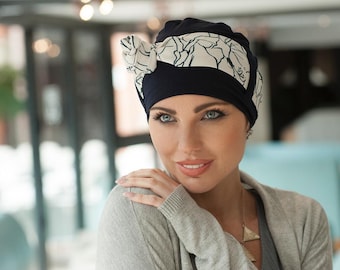 Yanna Navy Bamboo Chemo Headwear Hat and Scarf for Women with Cancer Hair Loss or Alopecia | Chemotherapy Turban Cap Average