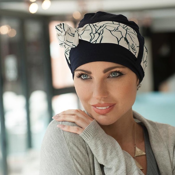 Yanna Gorro y bufanda de bambú azul marino para quimioterapia para mujeres con pérdida de cabello por cáncer o alopecia/gorro de turbante para quimioterapia promedio