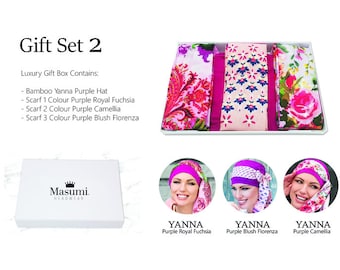 GIFT SET FLORA for Women: 1 Purple Turban Headwear + 3 Cancer Chemo Scarves for Women | Fashion Comfort for Chemo Patients with Hair Loss