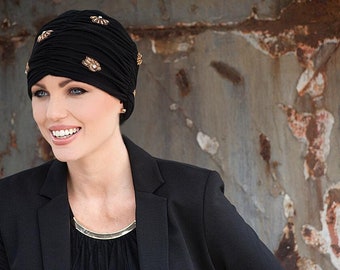Copricapo chemio in cotone per persone sottoposte a chemioterapia, copricapo per donne - turbante per il cancro, cappelli per perdita di capelli Masumi Diamond Black