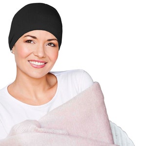 Masumi Berretto da notte accogliente in cotone per donna, Copricapo chemio Cappello per cancro, Cappelli per pazienti affetti da cancro, Berretto chemio morbido, Turbanti, Perdita di capelli alopecia Nero