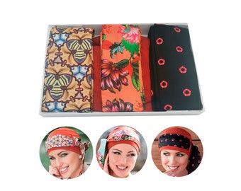 Cadeaux cancer Masumi pour femme (5) : 1 couvre-chef turban brique + 3 écharpes chimio Cancer pour femme | Confort pour les patients en chimio qui perdent leurs cheveux