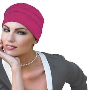 Bonnet de chimio confortable en bambou Brooklyn pour femmes atteintes de cancer ou d'alopécie qui perdent leurs cheveux, chapeaux pour patientes cancéreuses, bonnet de chimio souple, taille moyenne Pink/Purple