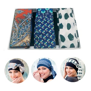 Cancer Gifts for Women (1): 1 Navy Turban Headwear + 3 Cancer Chemo Scarves for Women | Comfort for Chemo Patients with Hair Loss