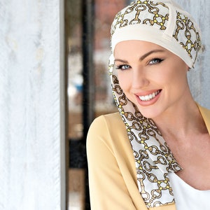 White Bamboo Chemo Cap with Scarf: Soft Turban for Hair Loss-Yanna