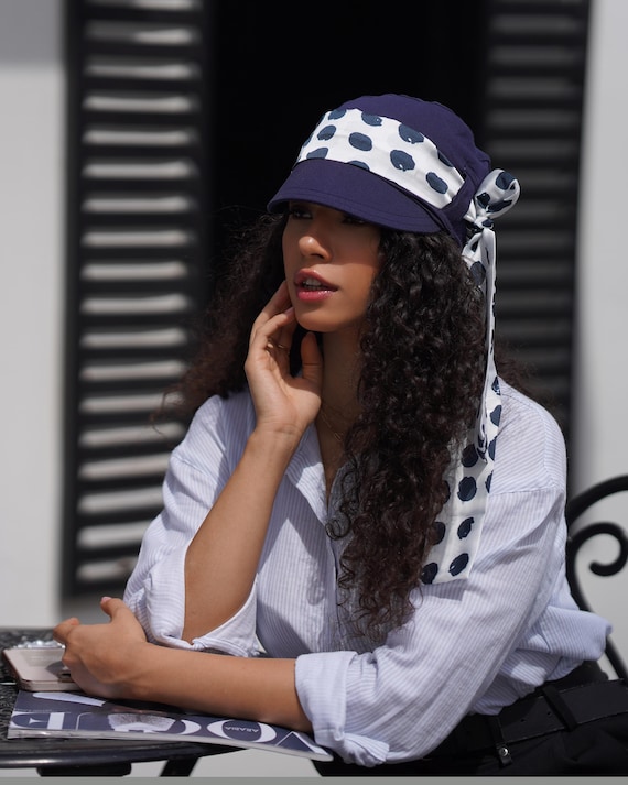 Navy Bamboo Summer Cap With Italian Scarf: UPF 50+ Sun Protection