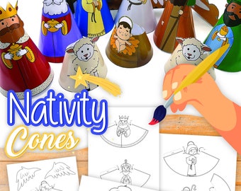 Peut inclure: Cône de la Nativité en papier coloré avec des illustrations de la Sainte Famille, des anges et des rois mages. L'image montre également des modèles de cônes imprimables avec des dessins au trait des personnages de la Nativité et le texte "Nativity Cones".