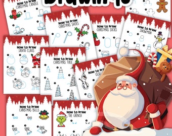 May include: A printable set of easy Christmas drawing tutorials. The illustrations include Santa Claus, a Christmas tree, a gingerbread man, a snowman, Christmas socks, Christmas shoes, Christmas bells, and the Grinch. The title of the set is "Easy Christmas Drawings".