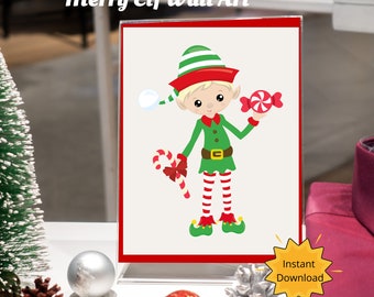 Merry Elf, kerstafdrukbaar, kerstdecor, kerstmuurkunst, afdrukbare muurkunst, kerstafdrukken, kerstprintables