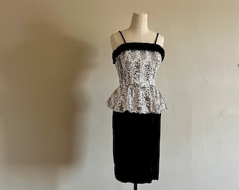 Vintage 70s-80s Velvet Sequin Peplum Dress - Size Extra Small